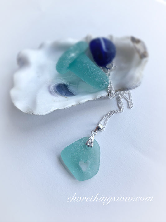 Sea Glass Heart Necklace 18” Stirling Silver